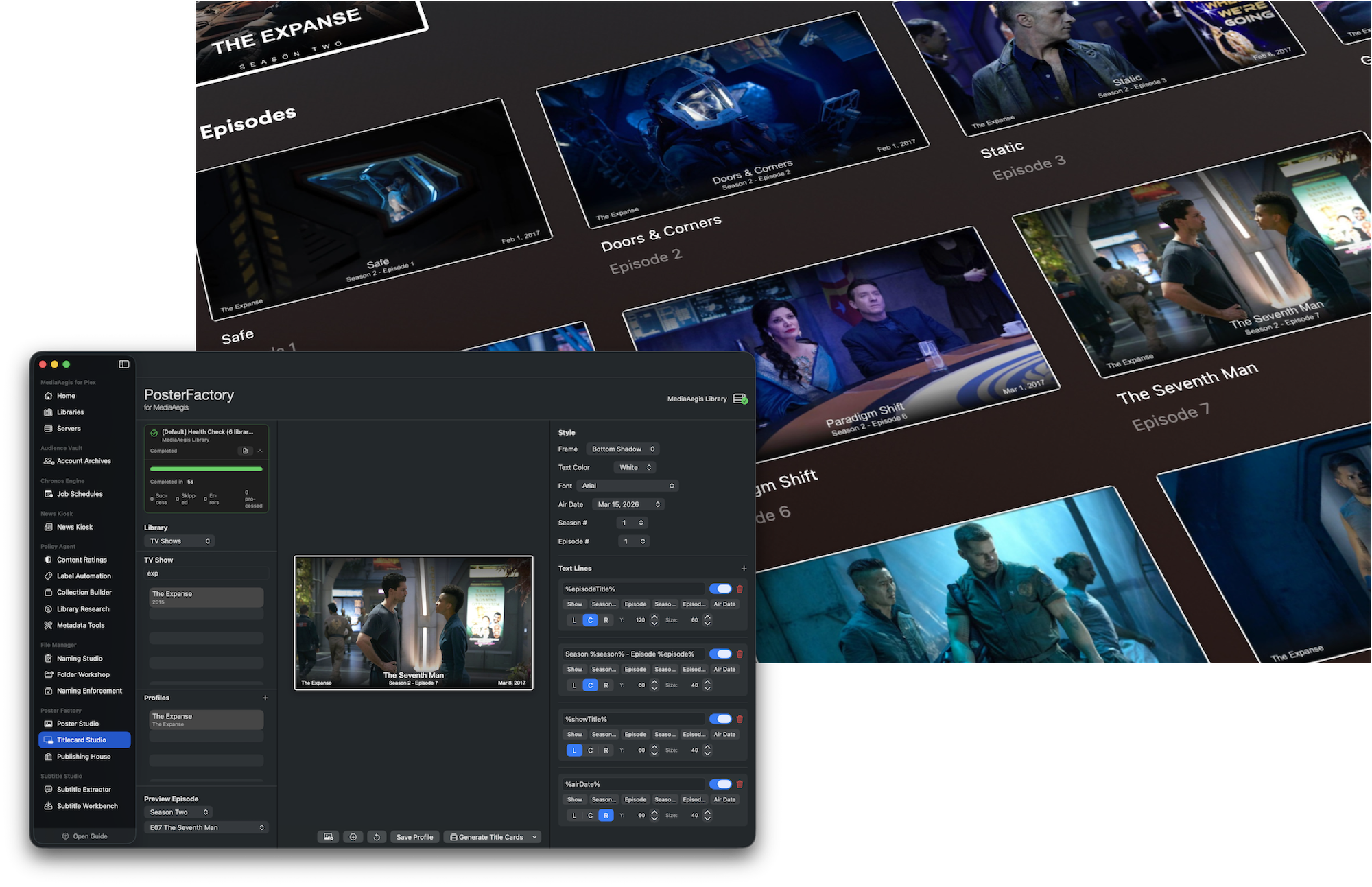 Poster Factory title card studio with episode art