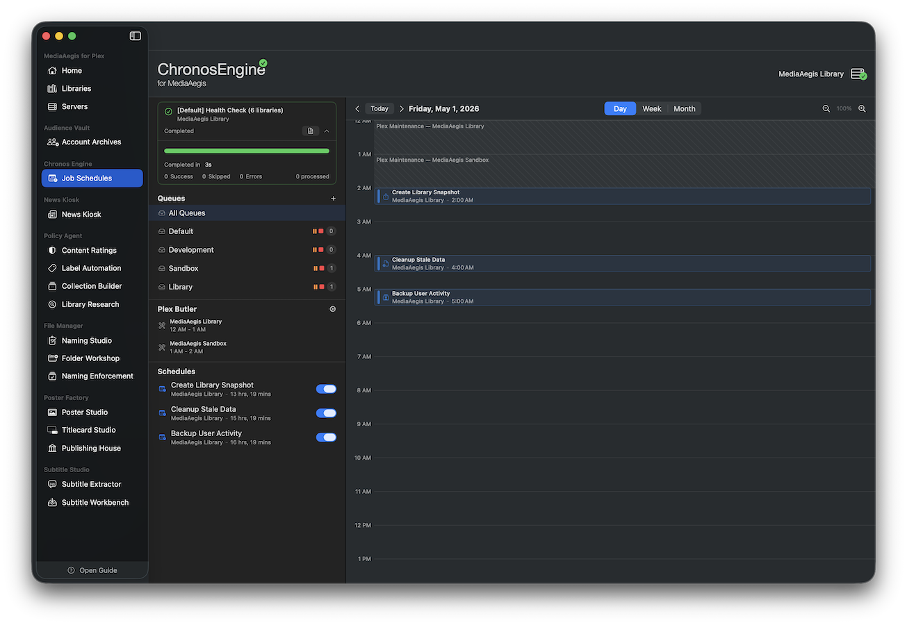 Chronos calendar view with scheduled jobs and execution history