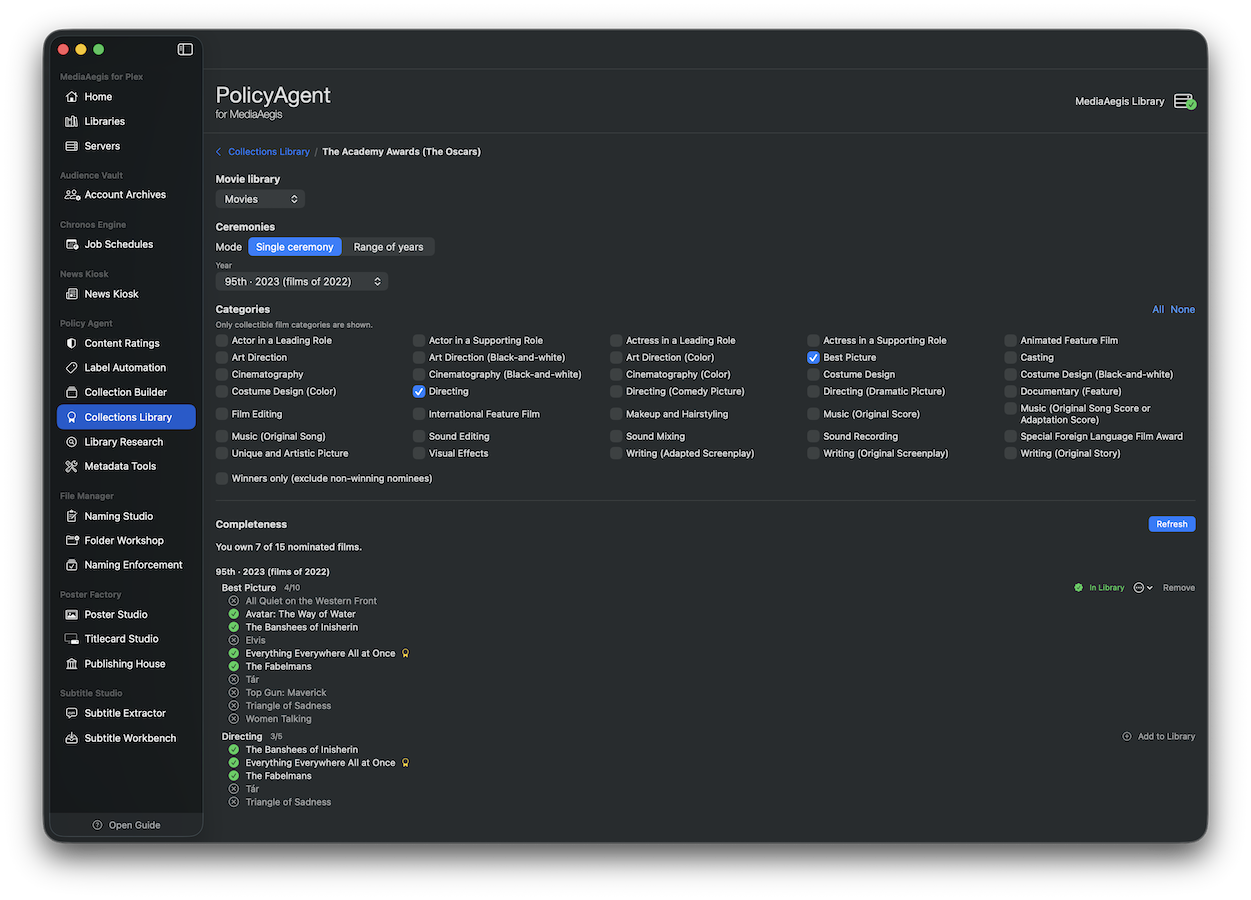 Collections Library with the awards catalog and completeness view