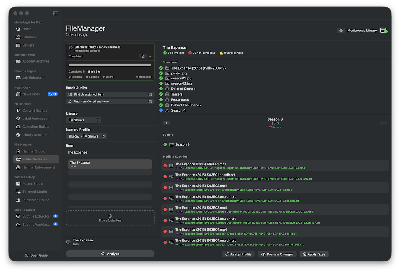 Folder Workshop with compliance results and rename preview