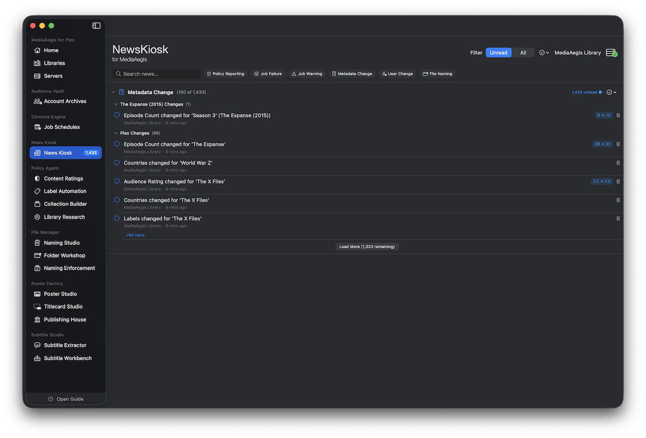 News Kiosk timeline with categorized change entries