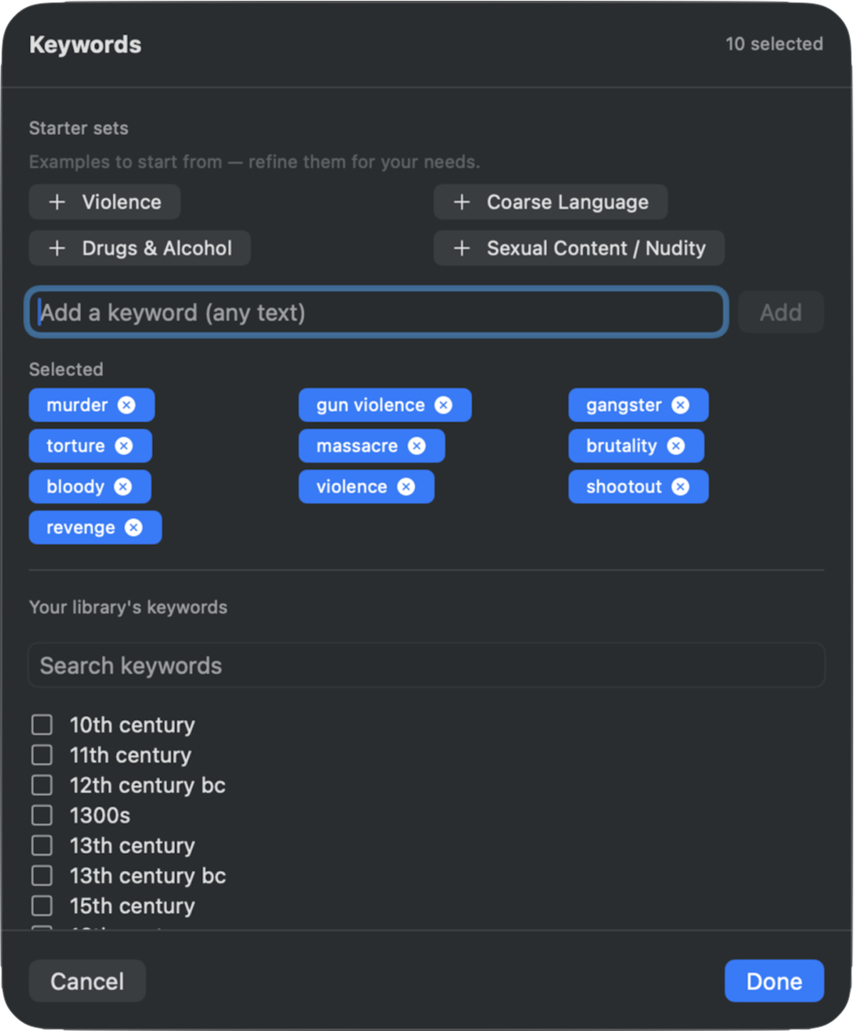 Keyword picker with bundled starter sets for parental-control labels