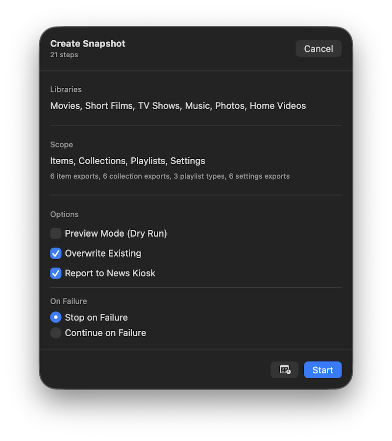 Snapshot export in progress with item-level detail