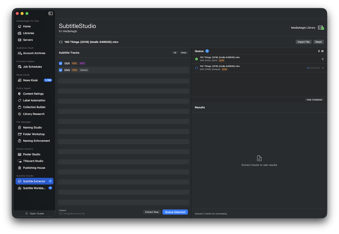 Subtitle Extraction view with detected tracks and queue